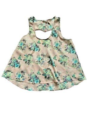 Lush Womens Light Weight Floral Tank Top with Heart Cut-Out Back-Pink-Medium-GUC